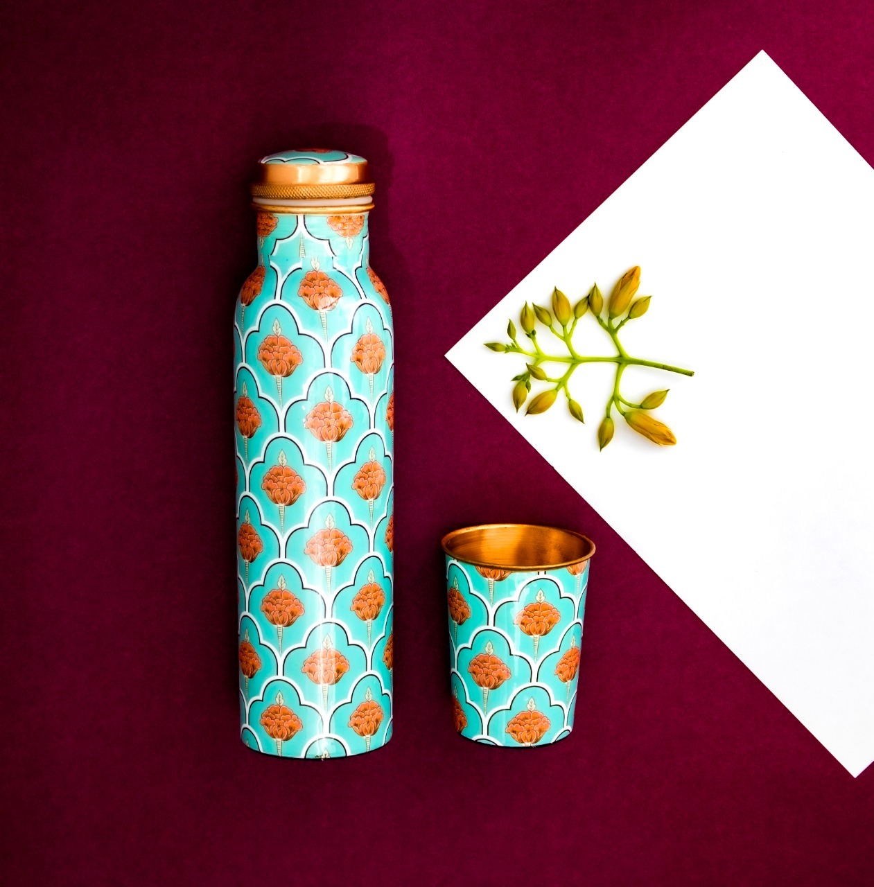 Copper Water Bottle - 1 Liter Capacity, Multicolor Flower Print Design - Elegant & Health-promoting Enhanced Usability