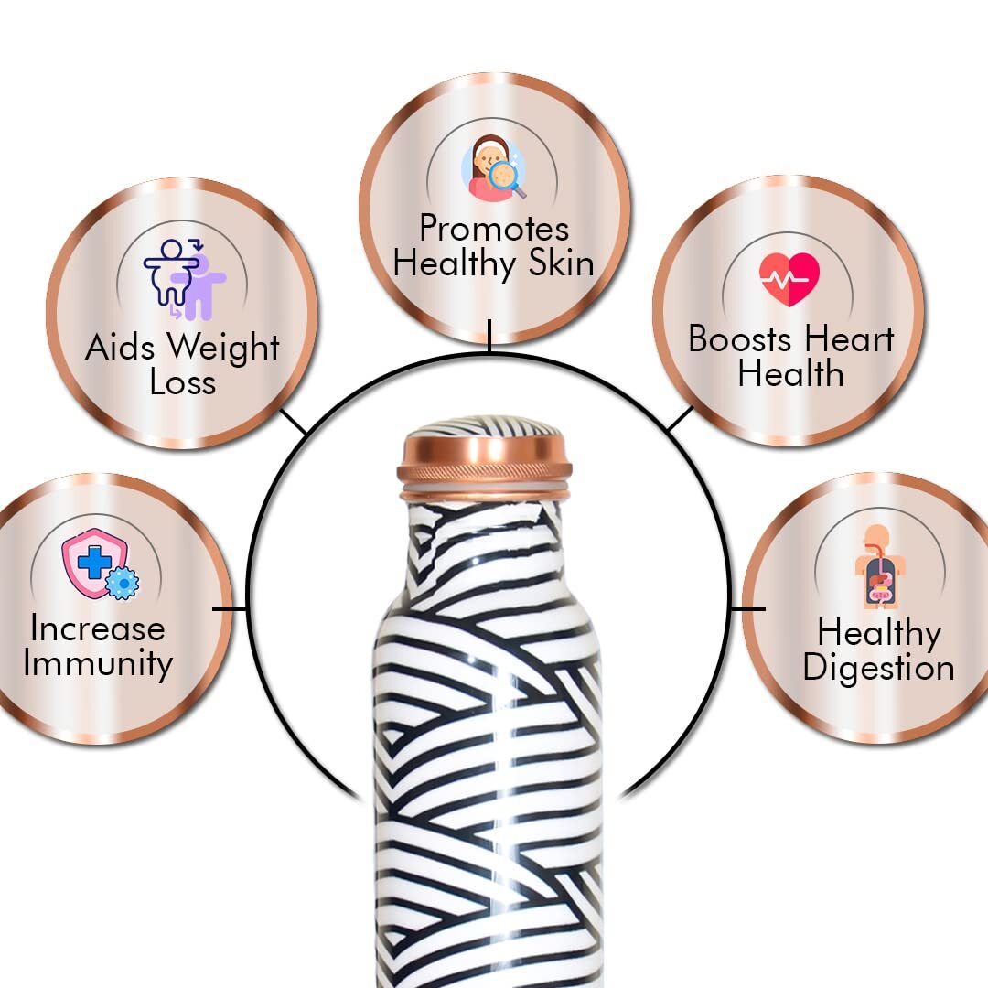 Zebra Print Enamel Copper Bottle - Copper | 1000ml | 10 Inches | Multi-color , Leak-proof Design With Stylish Water Transfer Printing
