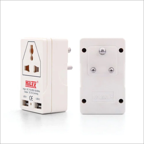 2 USB Hilex Universal Multi Plug - ABS Material, Off-White Color, 3 Pins, 110-250V Input Voltage, 5V Output, 2.4A Current | Smart Charging, IP54 Protection, 2 USB Ports
