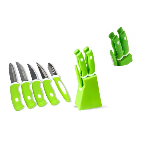 5pcs Kitchen Knife Set With Stand - Plastic & Steel, Customized Size, Green Color | Ideal For Home & Restaurant Kitchen Use
