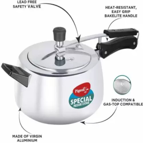 Pigeon Pressure Cooker - 5 Liter Aluminum Alloy Design | Ergonomic Handle, Induction Bottom, Dishwasher Safe, Precision Safety Features