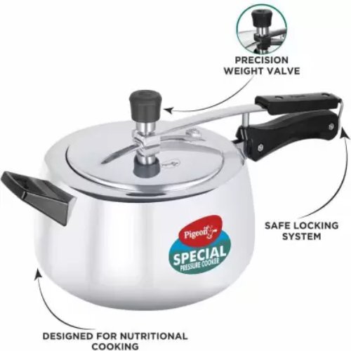 Pigeon Pressure Cooker - 5 Liter Aluminum Alloy Design | Ergonomic Handle, Induction Bottom, Dishwasher Safe, Precision Safety Features