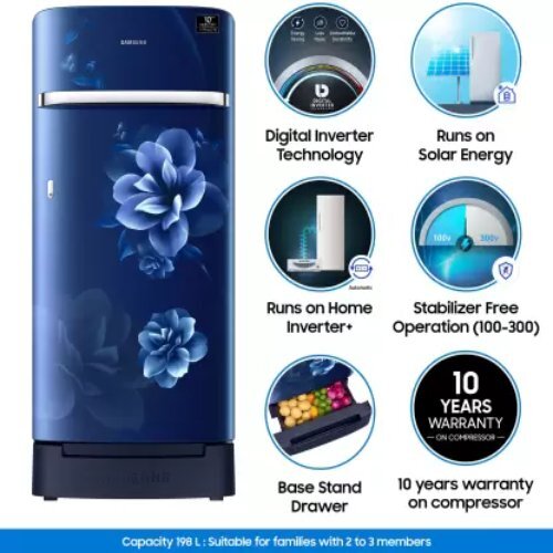 Blue Refrigerator With Base Drawer