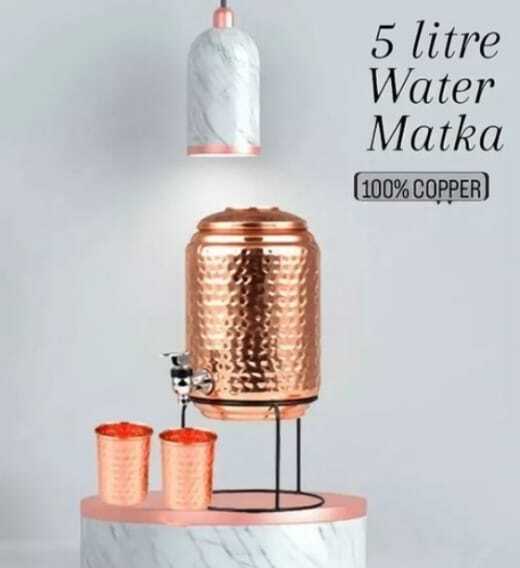 Metal Copper Hammered Water Dispenser With Glass And Stand 5 Litre