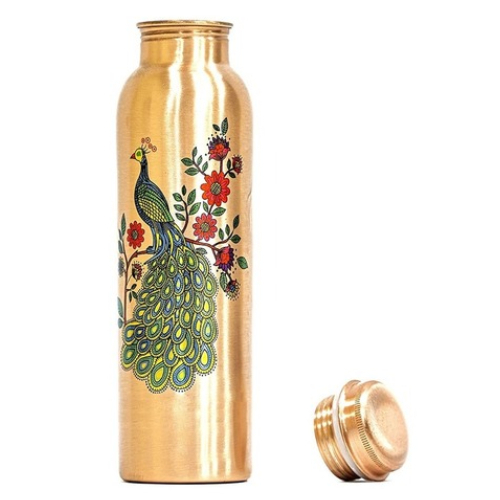 Peacock Printed Copper Bottle - 1 Litre Capacity, Multicolor Design, Screw Cap, Leak Proof, Ideal for Drinking Water