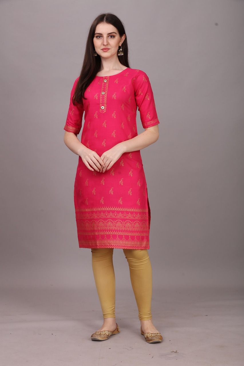 Mira Kurti-pink - Cotton, Xs-xxl, A-line Style | 3-4th Sleeve, Printed Design, Casual & Formal Wear For All Seasons