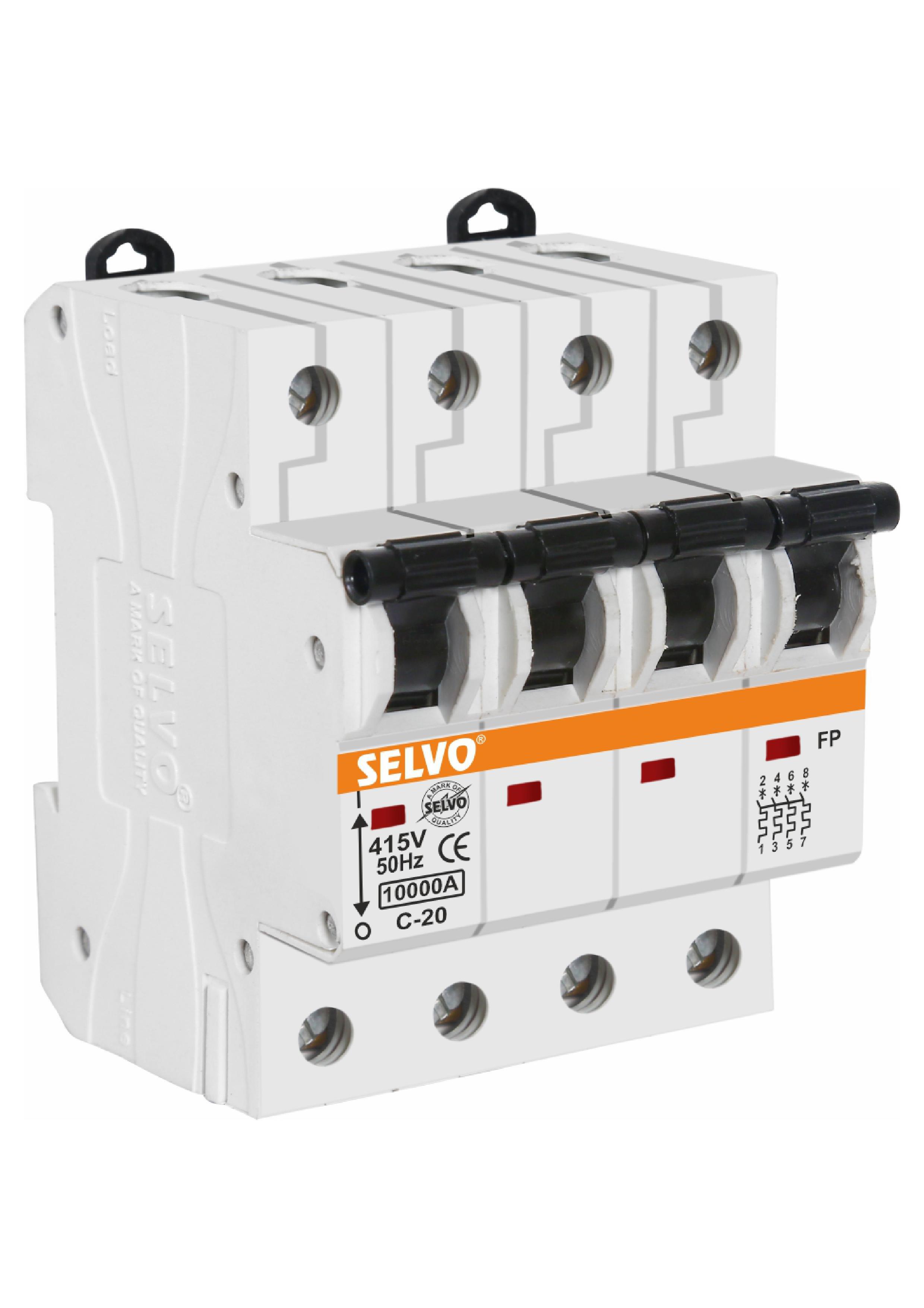 Selvo Four Pole Mcb C Curve - Flame Retardant Pbt Material, 415v Rated Voltage, 6-63a Current Range | Overcurrent Protection, 10ka Breaking Capacity, Bi-stable Din Clip Mounting, High Dielectric Strength