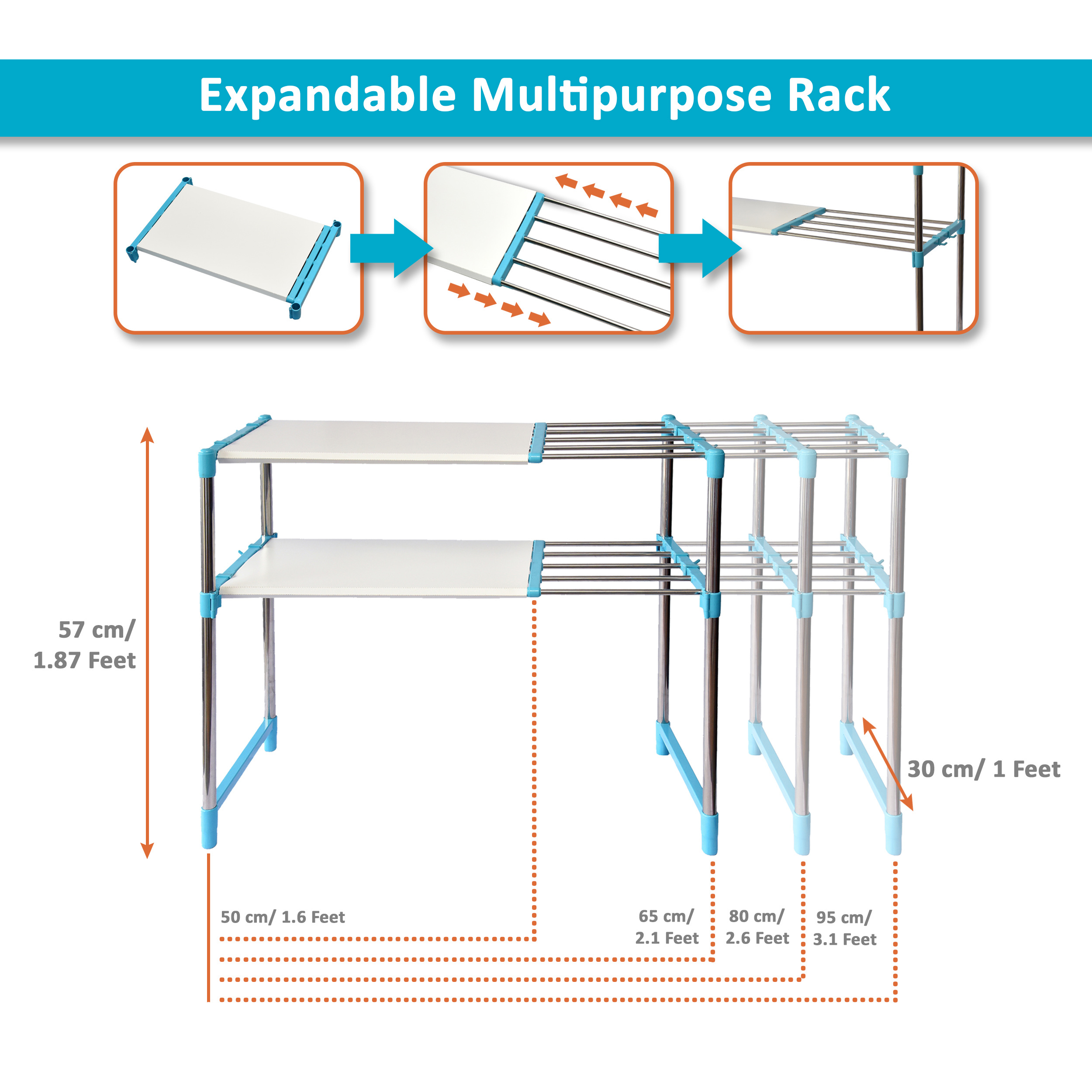 2 Layer Shoes Rack - Stainless Steel 2.1x1x2.1 Feet Cyan Blue | Adjustable No Assembly Required Rust-free Multipurpose Stand 1 Year Warranty