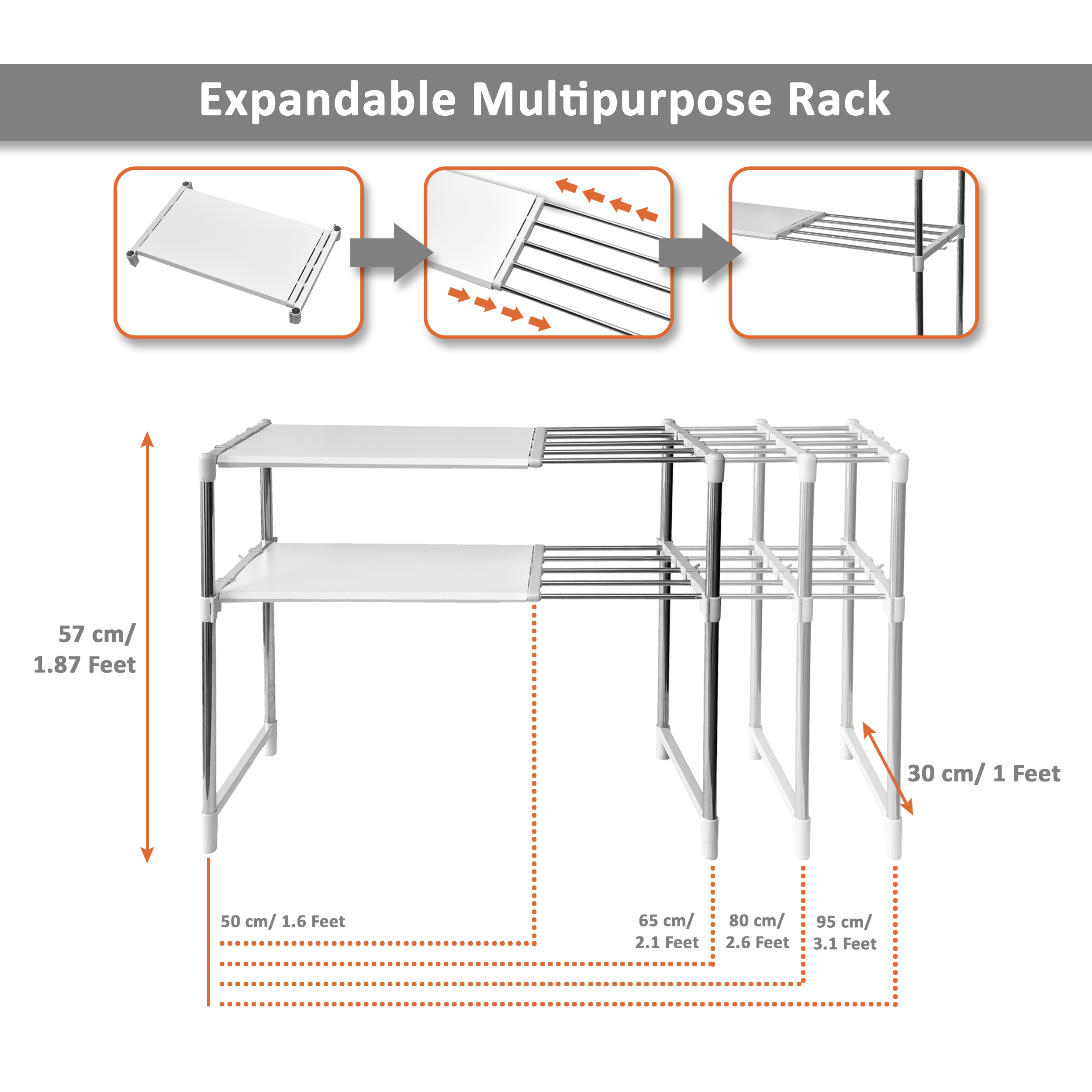 Livingbasics 2-tier Stainless Steel Multipurpose Shoe Rack - 50x30x65 Cm, Snow White, Heavy Duty & Adjustable Design For Home, Office, Bathroom & Kitchen Use