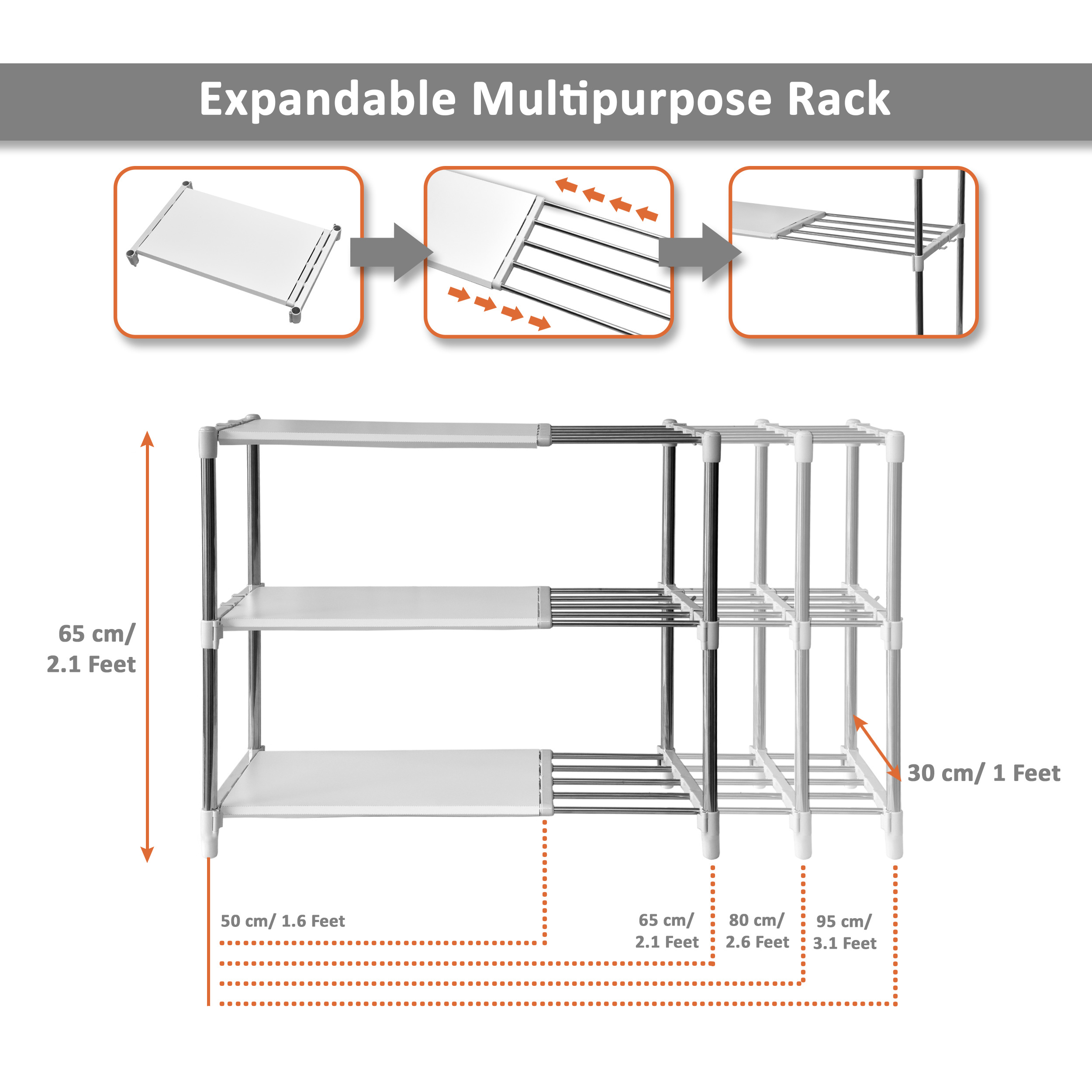 Bathroom Rack - Stainless Steel, 50x30x65 Cm, Snow White | 3-layer Adjustable Multipurpose Stand For Kitchen, Office, Garage & Bathroom Storage