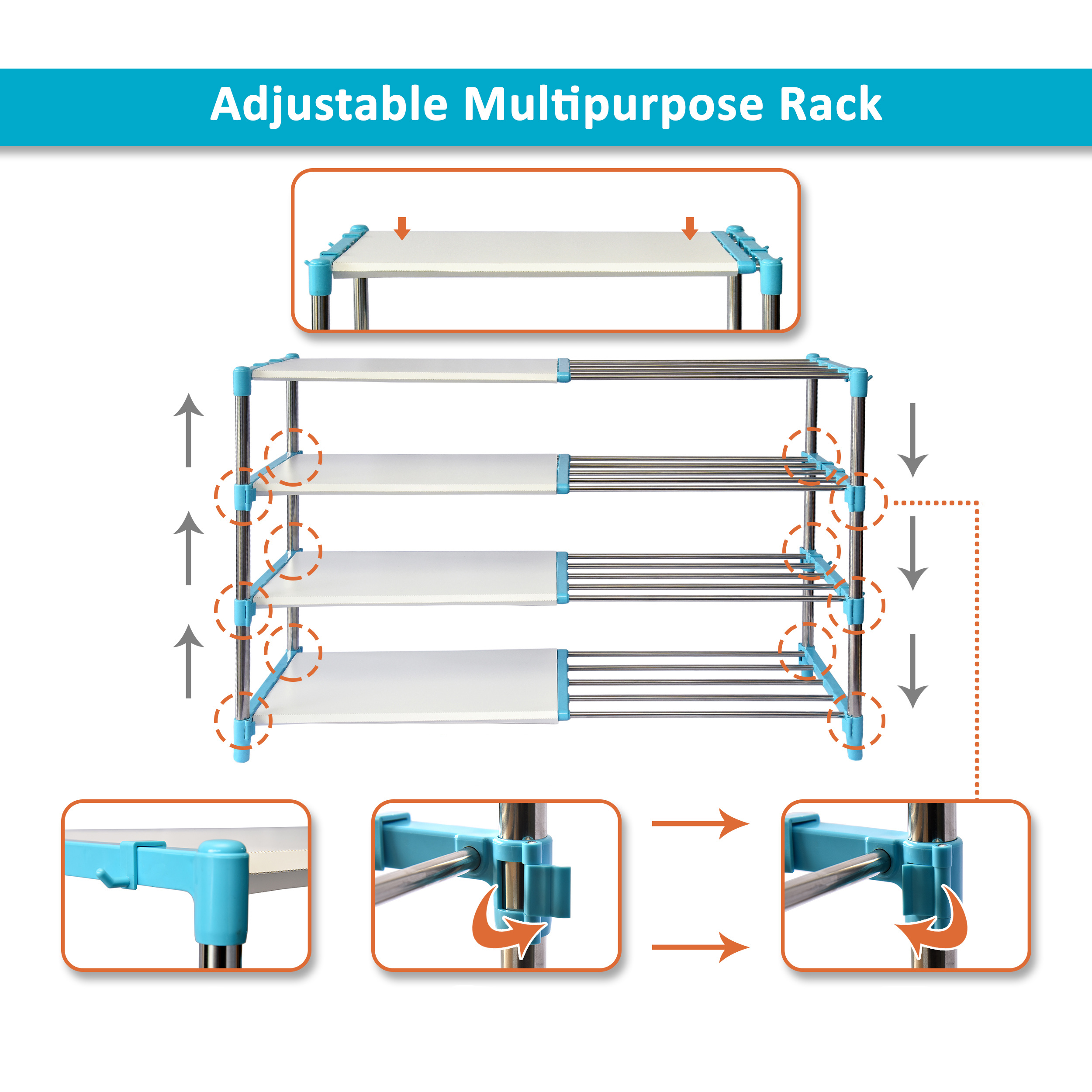Stainless Steel Kitchen Racks - 50x30x65 Cm, Cyan Blue | Adjustable 4-layer Stand, Rust-free, Multipurpose For Home & Outdoor Use