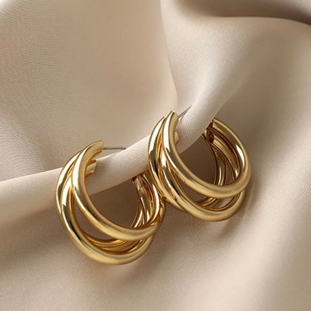 Vembley Stylish Pair Of Gold Plated Shiny Triple Hoop Earrings - Stainless Steel, One Size, 20 Grams | Lightweight, Elegant Design For Ethnic, Daily, And Party Wear