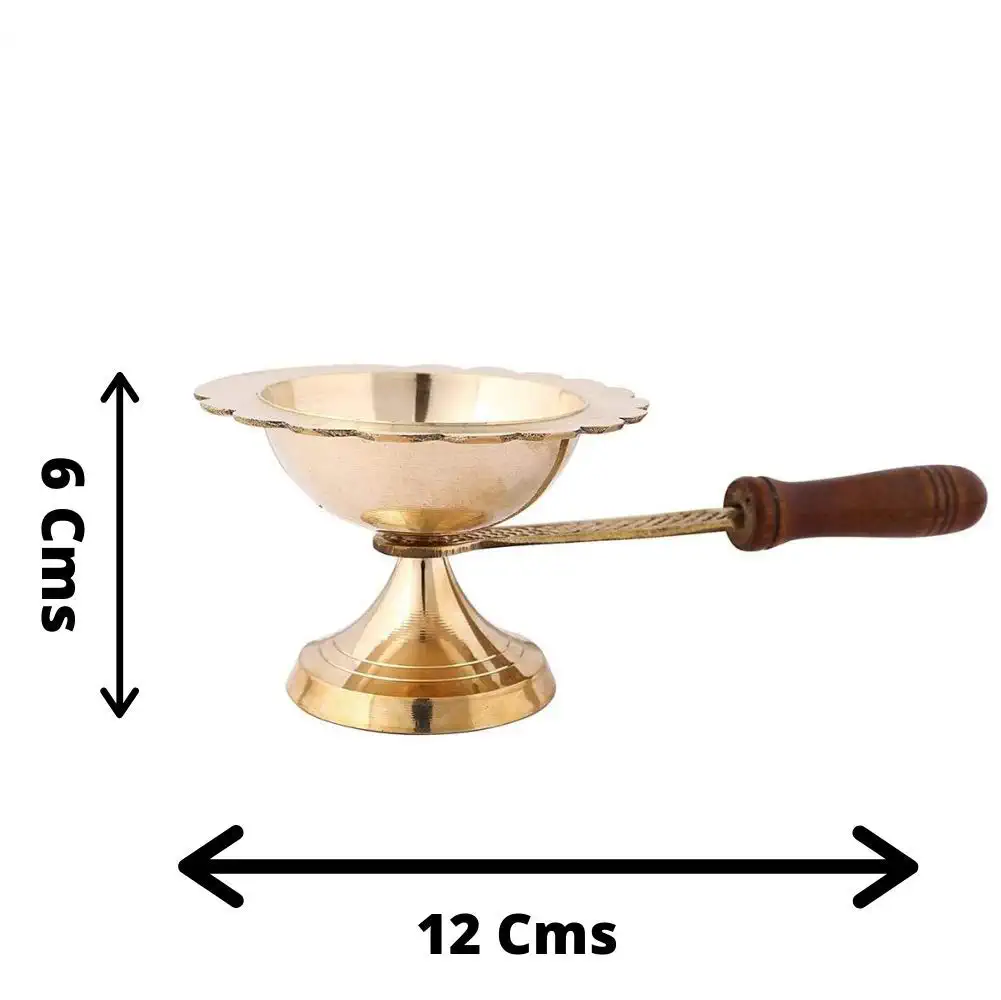 Puja Aarti Lamp Incense Stand With Wooden Handle Golden