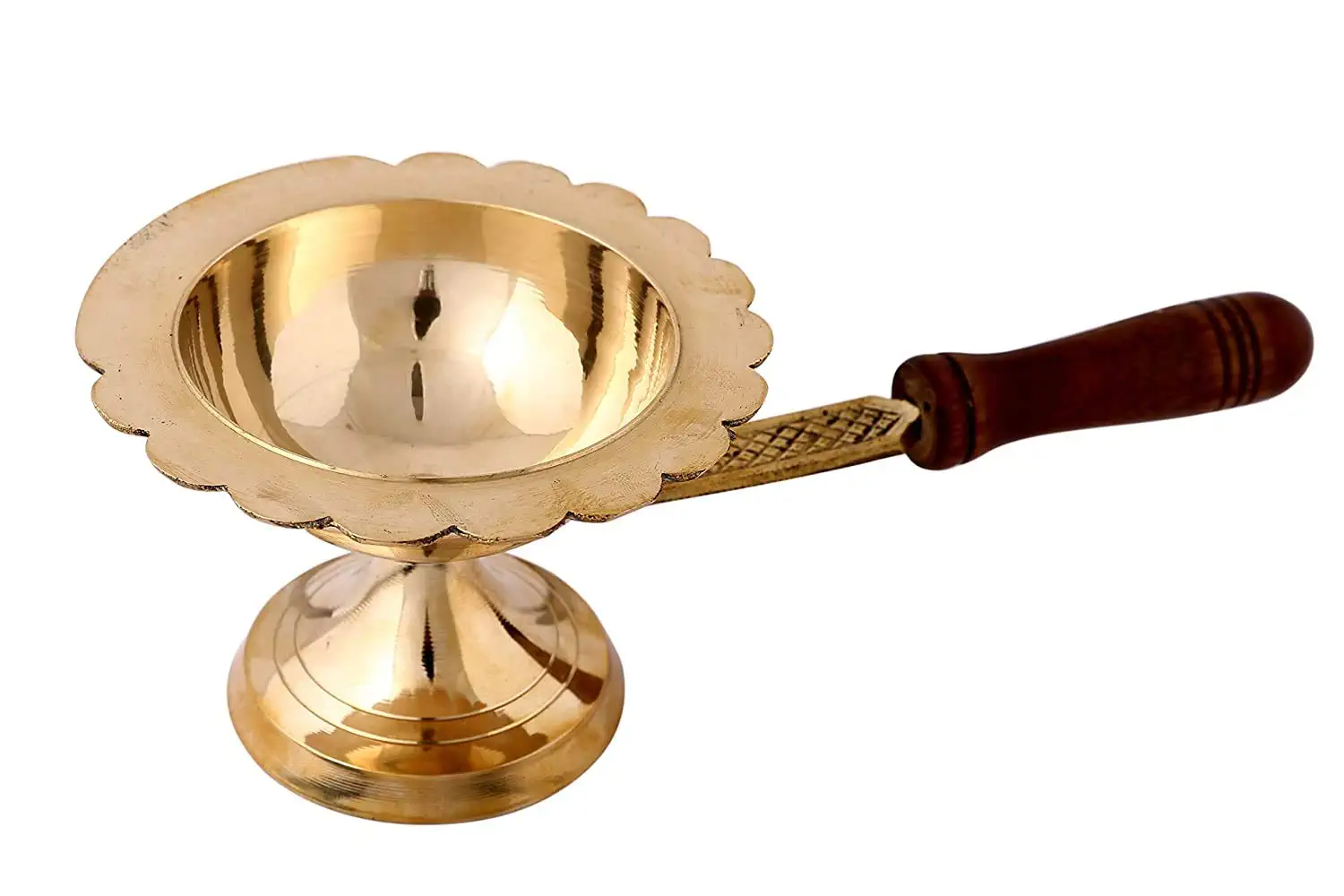 Puja Aarti Lamp Incense Stand With Wooden Handle Golden