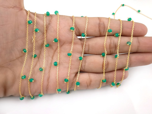 राउंड ग्रीन ओनिक्स रोज़री चेन गोल्ड प्लेटिंग साइज़ 3mm वायर रैप्ड जेमस्टोन ज्वेलरी ऑनक्सी बीड रोज़री चेन