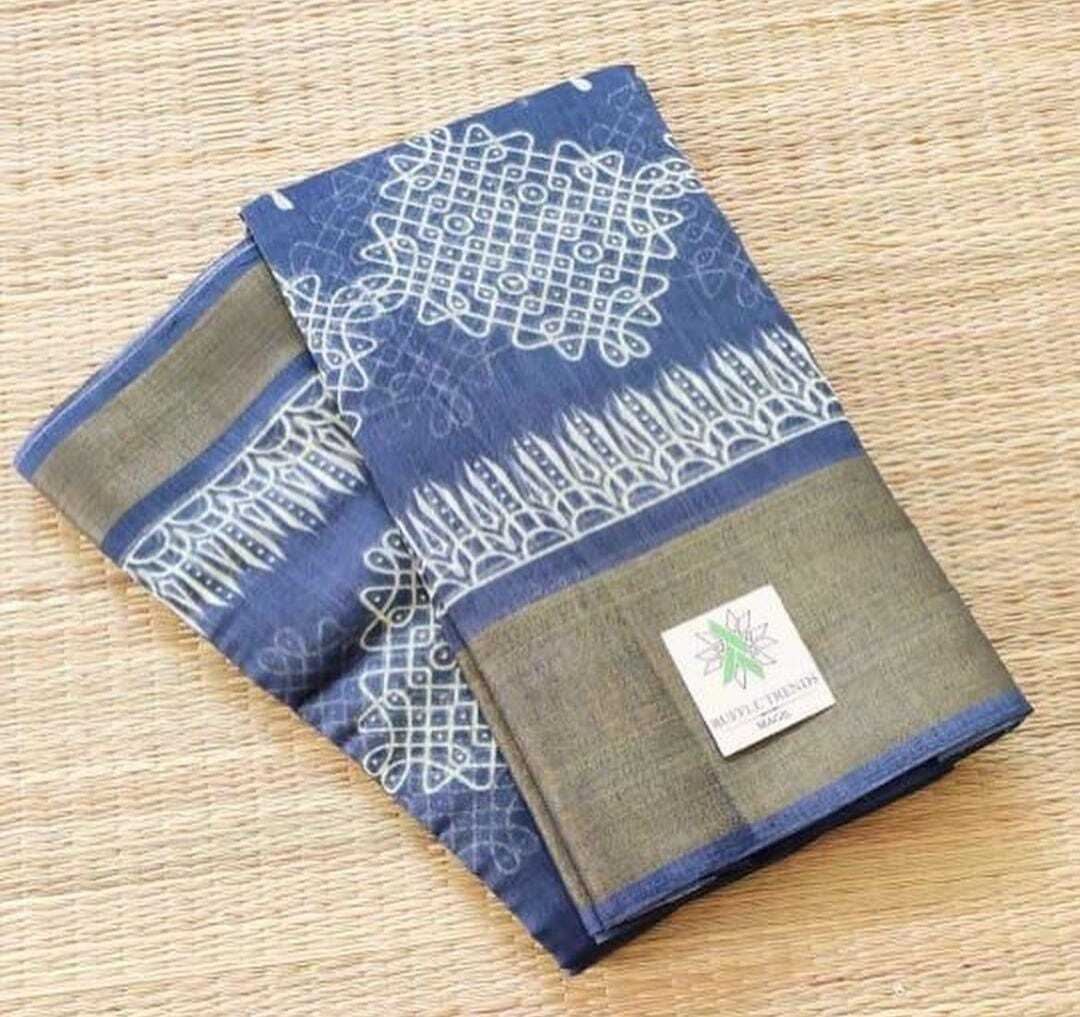 Soft Cotton Saree - All Over Kolam Muggu Print With Matching Pallu & Blouse | Casual Dress, Washable, Customizable Size, All-season Use