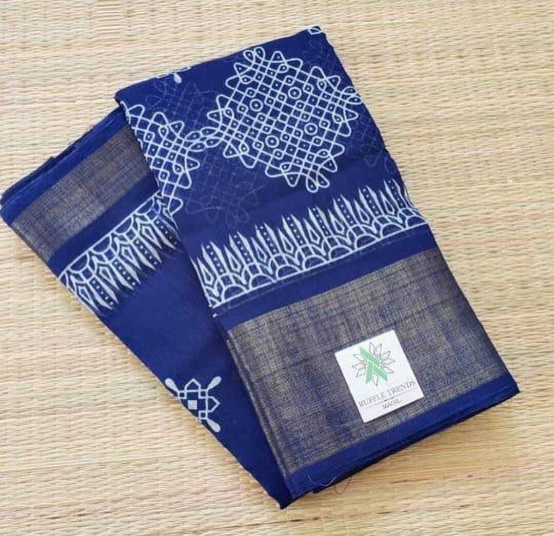 Soft Cotton Saree - All Over Kolam Muggu Print With Matching Pallu & Blouse | Casual Dress, Washable, Customizable Size, All-season Use