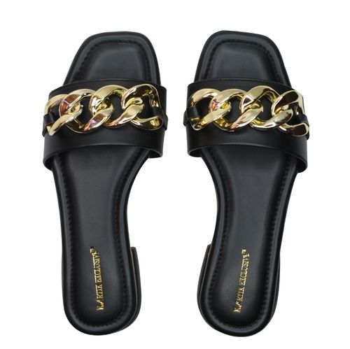 Leather Black Color Golden Chain Flat Sandal