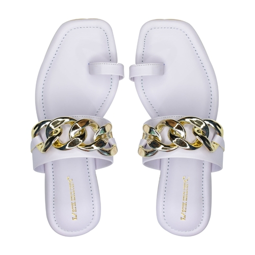 Leather White Color Golden Chain Flat Sandal