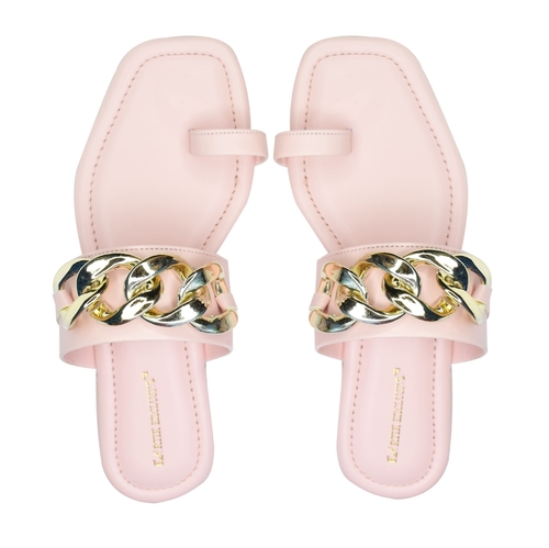लेदर पिंक कलर गोल्डन चेन फ्लैट सैंडल