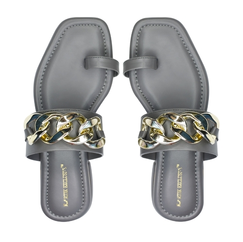 लेदर ग्रे कलर गोल्डन चेन फ्लैट सैंडल