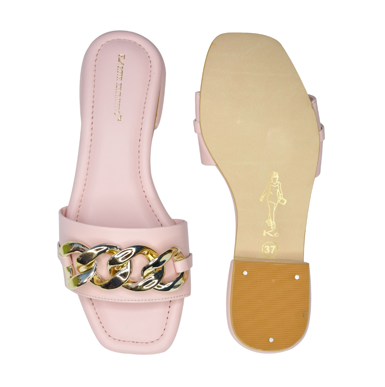 Pink Color Golden Chain Flats Sandal - Pu Upper Material, Available In Different Sizes | Flat Heel, Stylish Design For Women, Leather Material