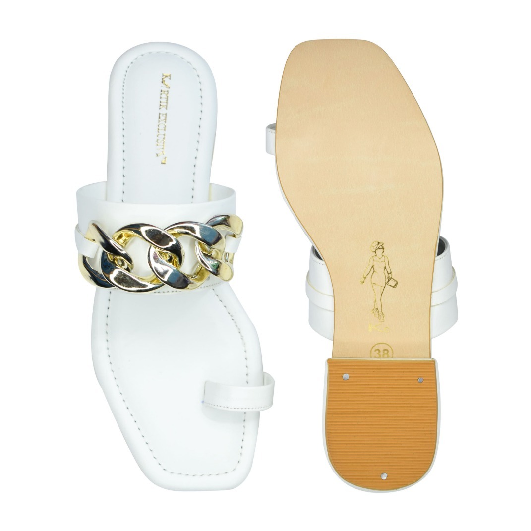 White Color Thumb Flat Sandal - Leather Material, Various Sizes , Pu Upper, Designed For Women With Flat Heel For Elegant Comfort