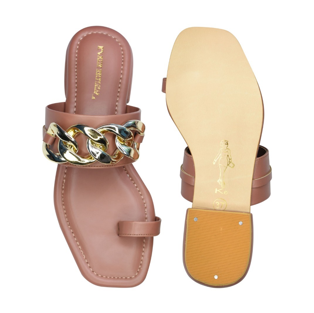 Ladies Brown Color Leather Golden Chain Flats Sandal - Available In Different Sizes, Pu Upper Material, Warranty Included