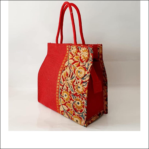 Red Kalamkari Cloth Jute Bag - Jute Material, Printed Design , Durable Degradable Environment with Flexiloop Handle for Shopping Usage