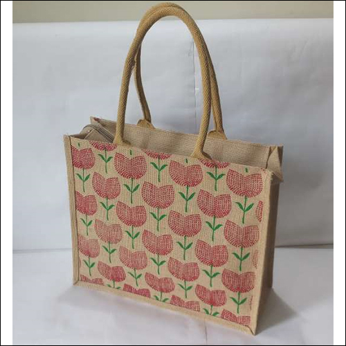 Flower Print Jute Bag - 16"x14"x06" Zipped, Brown Durable Degradable Environment-Friendly Material with Flexiloop Handle and Tulip Print