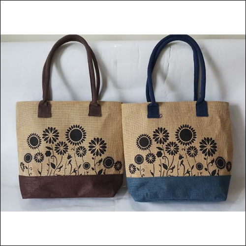Jute Shopping Bag - 12x15 Inches, Brown & Blue Sunflower Print | Durable, Reusable, Environmentally Friendly, Customizable Design