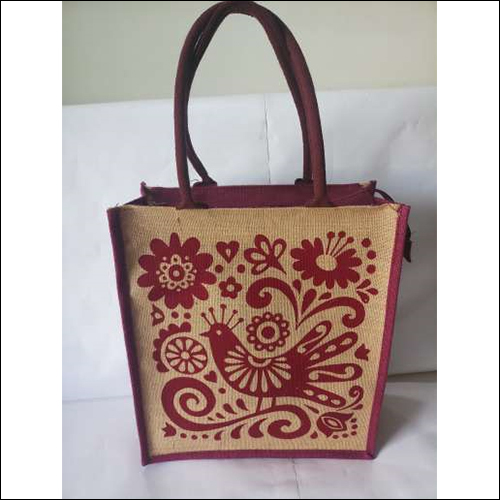 Mehroon Peackock Print Jute Bag