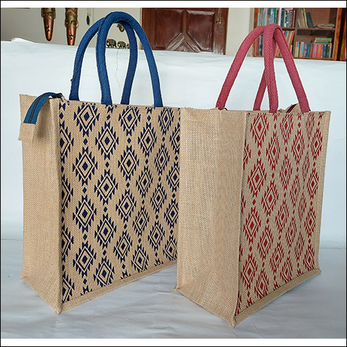 Blue & Pink Diamond Printed Jute Bag