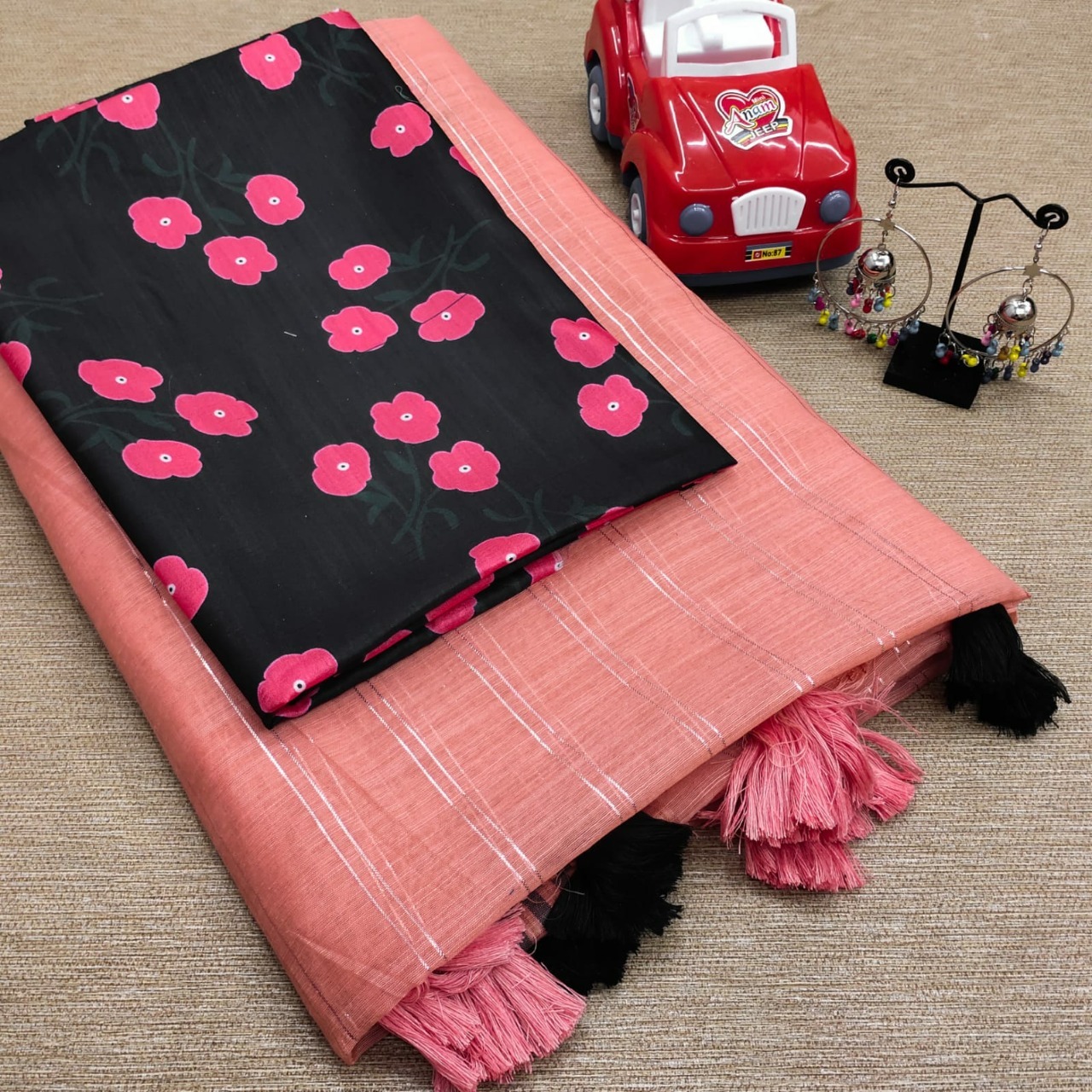 Pure Malbary Silk With Digital Print - Jute Silk Saree With Silver Zari Lining, Heavy Border & Tussles, 5.5m Length, Washable, All Season, Custom Size
