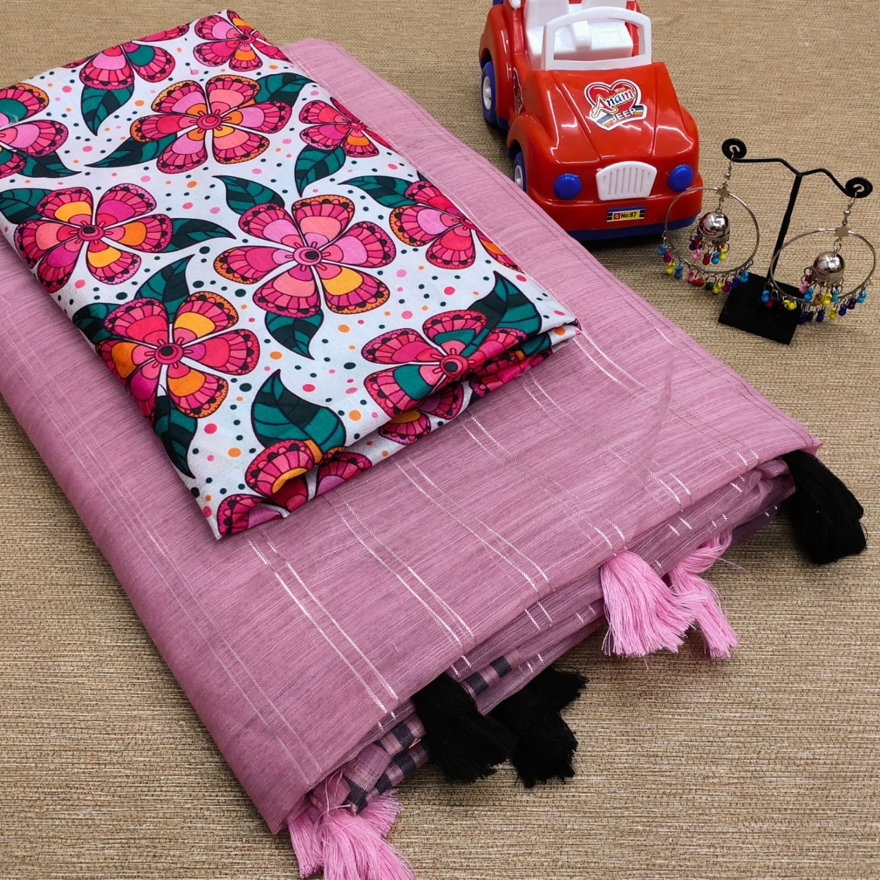 Pure Malbary Silk With Digital Print - Jute Silk Saree With Silver Zari Lining, Heavy Border & Tussles, 5.5m Length, Washable, All Season, Custom Size