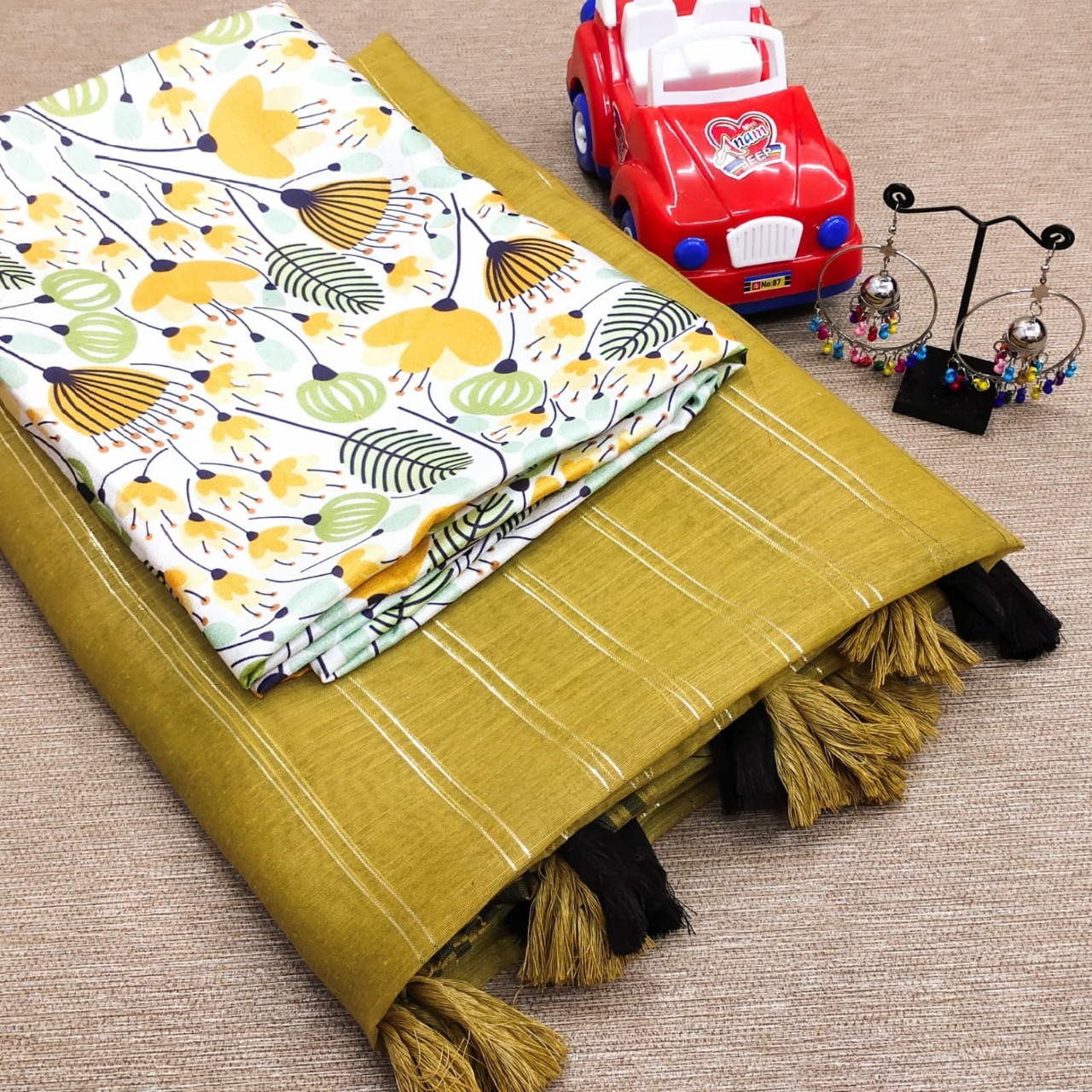 Pure Malbary Silk With Digital Print - Jute Silk Saree With Silver Zari Lining, Heavy Border & Tussles, 5.5m Length, Washable, All Season, Custom Size