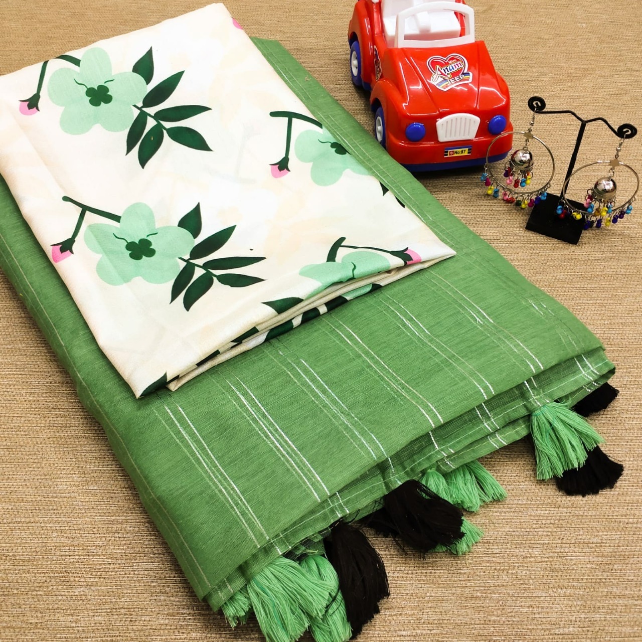 Pure Malbary Silk With Digital Print - Jute Silk Saree With Silver Zari Lining, Heavy Border & Tussles, 5.5m Length, Washable, All Season, Custom Size