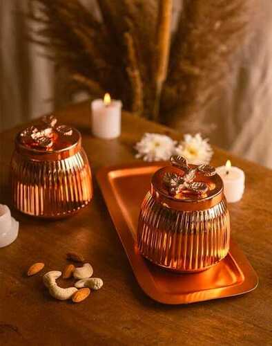 High Quality Copper Dry Fruit Jar Set Of 2 With Tray - Metal: Copper | Elegant Design, Ideal For Storing And Serving Dry Fruits