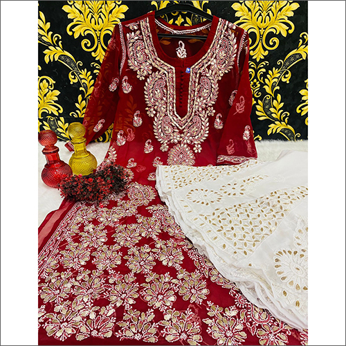 लाल लखनवी जॉर्जेट चिकनकारी गोटापट्टी शरारा