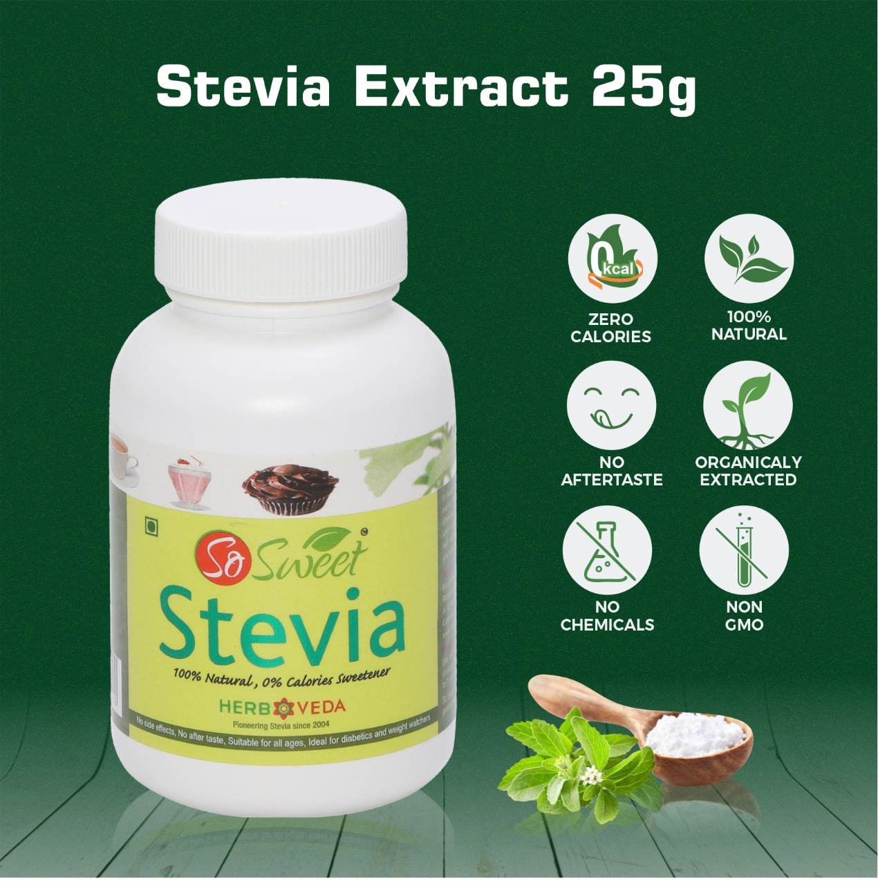 Pure Stevia Extract 25gm - Soft White Powder, 100% Purity | Sweet Flavor, 300 Times Sweeter Than Sugar, 2-year Shelf Life