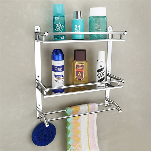 Bathroom Shelf - Stainless Steel, Double Storey Design, Silver Color with Glossy Finish | Includes Two Towel Bars for Maximum Storage Capacity