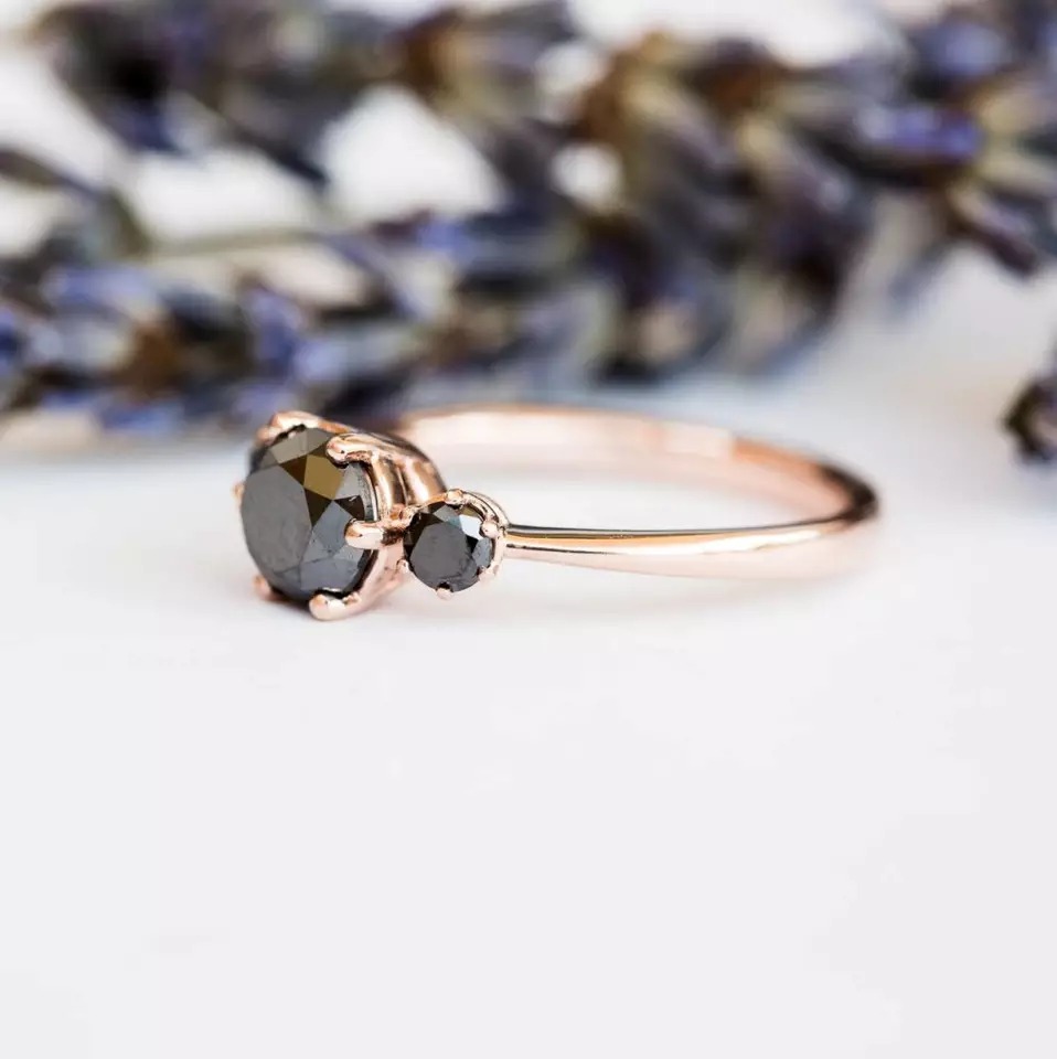 Natural Black Diamond Three Stone Diamond Engagement Ring In 14k Rose Gold For Womens Diamond Carat Weight: 1.40 Carat