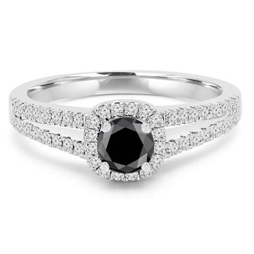 Round Black Diamond Cushion Halo Engagement Ring In 14k White Gold With Accents In Split-shank Diamond Carat Weight: 1 Ct Carat