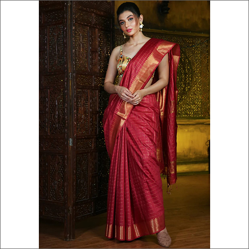 Red Kota Silk Saree - Silk Checked Pattern | Ethnic Bollywood Style Perfect For All Seasons