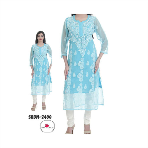 वॉशेबल लेडीज़ स्काई ब्लू जॉर्जेट चिकनकारी कुर्ती