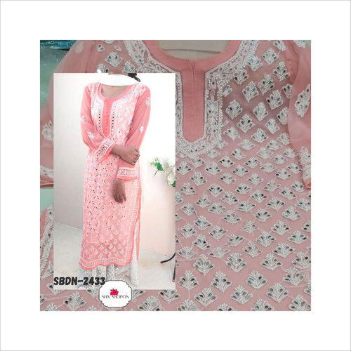 Pink Fancy Georgette Chikankari Kurti With Plazzo Set