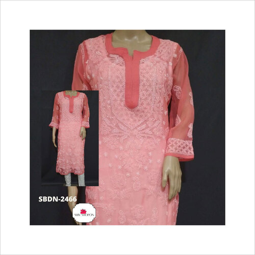 पिंक लेडीज़ रेड जॉर्जेट चिकनकारी कुर्ती