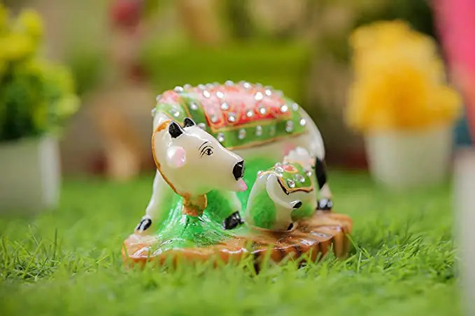 Kamdhenu Cow With Calf Statue - Poly Resin, White Color With Stone Inlays | Traditional Indian Design For Positive Energy And Divine Love, Perfect Gift For Special Occasions