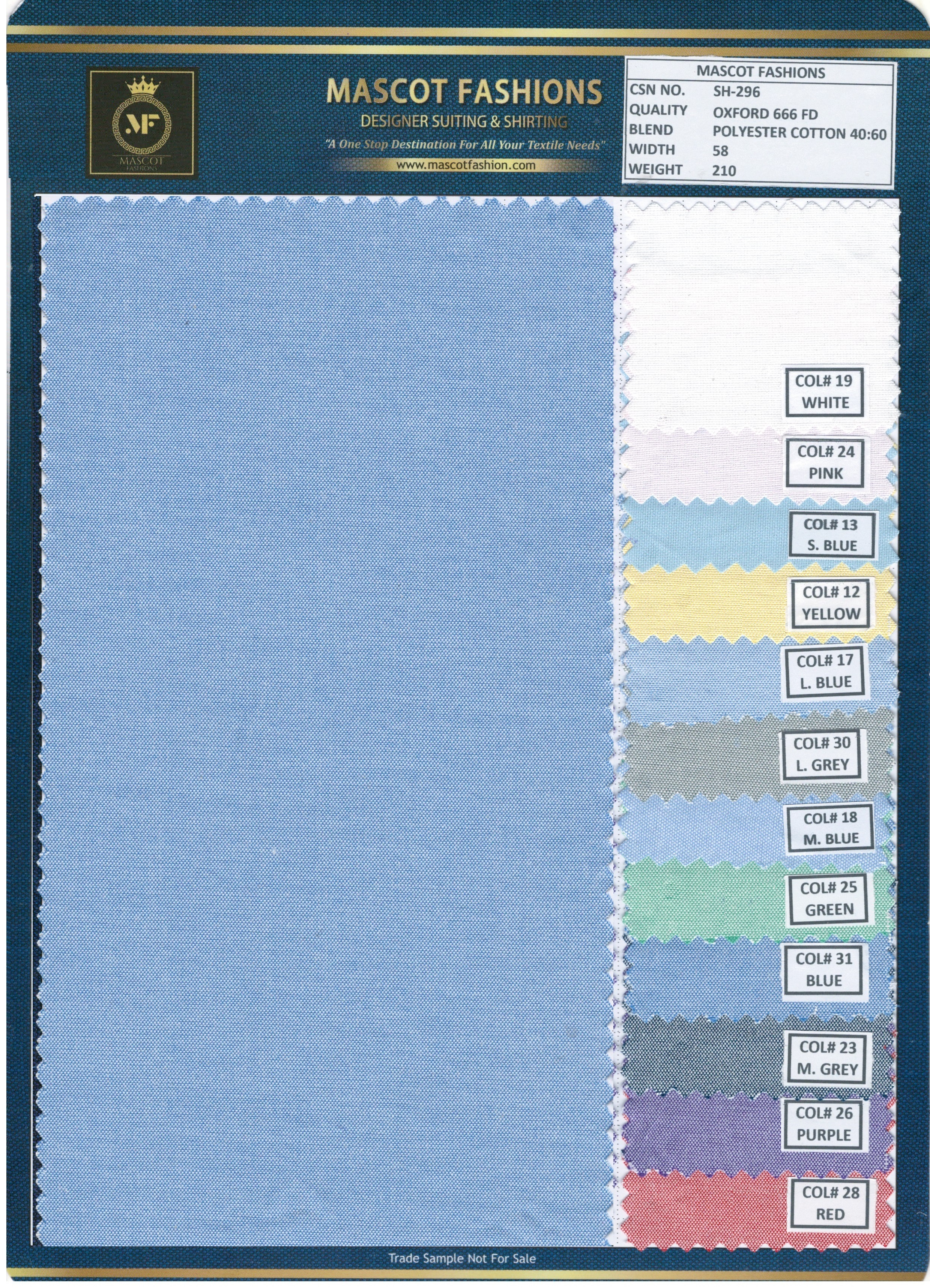 Oxford Plain Shirting Fabric - Pc 40:60, Width 58 Inches, Multicolour Plain Plaid, 142 Gsm Weight | Features: Colourfastness, Washable