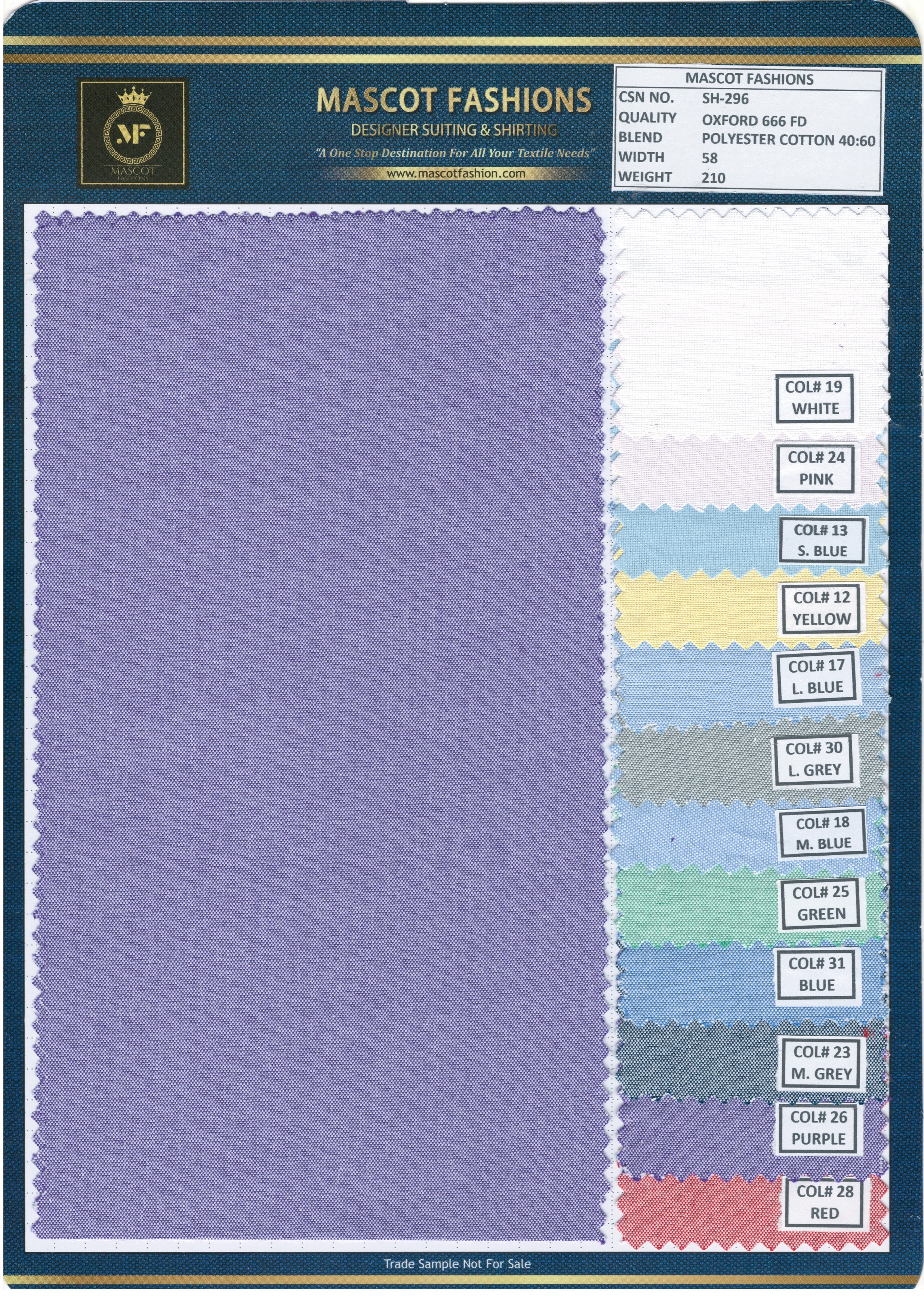 Oxford Plain Shirting Fabric - Pc 40:60, Width 58 Inches, Multicolour Plain Plaid, 142 Gsm Weight | Features: Colourfastness, Washable